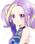  1girl aikatsu!_(series) aikatsu_planet! bangs blonde_hair blouse blue_blouse blue_eyes blue_gloves blue_hair blush close-up diamond_(symbol) face forehead from_side gem glitter gloves green_hair hair_intakes hand_on_own_cheek hand_on_own_face hand_up idol idol_clothes looking_at_viewer looking_to_the_side multicolored multicolored_eyes multicolored_hair orange_hair parted_bangs purple_eyes purple_hair ruri_(aikatsu_planet!) sidelocks simple_background sleeveless_blouse smile smug solo streaked_hair tamaki_ruri tiramisu651 twintails upper_body white_background 