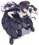  1girl bangs black_footwear black_gloves black_hair black_skirt breasts cleavage eyepatch from_above gloves hair_ornament hana_yamakiri hand_on_headwear hand_on_hip hat idolmaster idolmaster_shiny_colors jewelry large_breasts long_hair necklace one_eye_covered peaked_cap shirase_sakuya skirt smile white_background yellow_eyes 