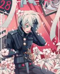  1boy ahoge black_pants cherry_blossoms covering_eyes cowboy_shot danganronpa_(series) danganronpa_v3:_killing_harmony english_commentary flower goggles goggles_removed grey_hair hair_flower hair_ornament hand_on_own_face highres holding holding_goggles iei iruma_miu keebo looking_down male_focus number pants petals pink_background pink_flower ribbon sad solo spoilers 