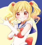  1girl \m/ aikatsu!_(series) aikatsu_stars! back_bow bishoujo_senshi_sailor_moon blonde_hair blue_background blue_sailor_collar bow bowtie choker close-up cosplay crescent crescent_choker crescent_earrings earrings elbow_gloves eyebrows_visible_through_hair finger_gun full_moon gloves gradient_hair grin hair_bow headpiece inner_senshi jewelry looking_at_viewer magical_girl moon multicolored multicolored_eyes multicolored_hair nijino_yume open_mouth parody pink_hair pointing pose red_bow red_choker red_eyes sailor_collar sailor_moon sailor_moon_(cosplay) sailor_senshi sidelocks simple_background smile solo star_(symbol) star_earrings teeth tiramisu651 tsuki_ni_kawatte_oshioki_yo twintails upper_body white_gloves yellow_eyes 