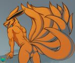  absurd_res anthro balls butt canid canine fox fur genitals grin hi_res kurama looking_back male mammal multi_tail naruto nude open_mouth orange_body orange_fur prince-vulpine red_eyes simple_background smile solo tailed_beast teeth 