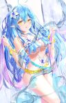  1girl absurdres ahoge bangs bikini blue_hair blush breasts cleavage commentary_request eyebrows_visible_through_hair flower hair_between_eyes hair_flower hair_ornament highres holding_shawl hololive long_hair looking_at_viewer medium_breasts open_mouth pointy_ears shawl sidelocks solo swimsuit tonasegaill virtual_youtuber yellow_eyes yukihana_lamy 