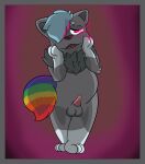  absurd_res anthro blue_hair erection glowing glowing_eyes hair hi_res looking_at_viewer male multicolored_tail neck_tuft nintendo open_mouth pok&eacute;mon pok&eacute;mon_(species) rainbow_tail solo standing tuft video_games wolferno zorua 