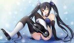  1girl alternate_costume bare_shoulders black_gloves black_hair black_legwear breath choujigen_game_neptune collar commission commissioner_upload detached_collar elbow_gloves euforia eyebrows_visible_through_hair gloves gold_trim hair_ribbon ice ice_skates ice_skating long_hair neptune_(series) noire_(neptune_series) one_eye_closed purple_collar purple_ribbon red_eyes ribbon skates skating snowing solo sparkle strapless surprised thighhighs twintails very_long_hair white_footwear 