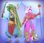  abstract_background anthro belt big_breasts breasts canine duo elazul_(legend_of_mana) female hatarla jewelry jumi legend_of_mana male mammal mana_(series) melee_weapon square_enix staff sword video_games weapon wolf yuni_hermit 