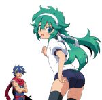  1boy 1girl adjusting_buruma adjusting_clothes ass black_legwear blue_buruma blue_hair blue_shirt buruma character_request crossed_arms green_eyes green_hair gym_uniform headband horns long_hair looking_back open_mouth panties panties_under_buruma panty_peek red_eyes red_scarf scarf shinrabanshou shirt short_hair short_sleeves simple_background sleeveless sleeveless_shirt sunson thighhighs thighs underwear white_background white_panties white_shirt 