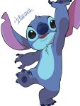  2021 3:4 4_toes alien black_eyes blue_body blue_claws blue_fur blue_nose blue_pawpads cel_shading chest_tuft claws digital_drawing_(artwork) digital_media_(artwork) disney experiment_(lilo_and_stitch) feet fur harara head_tuft hi_res lilo_and_stitch on_one_leg open_mouth pawpads reaching shaded signature simple_background solo standing stitch_(lilo_and_stitch) toes tuft white_background 