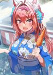  1girl :d animal_ears blue_kimono blush brown_hair carrot daiwa_scarlet_(umamusume) eyebrows_visible_through_hair fang floral_print food hair_between_eyes hair_intakes highres holding holding_food horse_ears horse_girl japanese_clothes kimono long_hair long_sleeves obi open_mouth print_kimono red_eyes sash shaka_(staito0515) skin_fang smile solo umamusume upper_body vegetable wide_sleeves yukata 