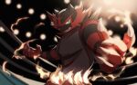  aqua_eyes blurry claws colored_sclera commentary_request fire gen_7_pokemon highres incineroar light looking_at_viewer pokemon pokemon_(creature) signature solo teeth yellow_sclera yukifuri_tsuyu 