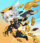  1girl aqua_hair bangs blush boots breasts chibi derivative_work eyebrows_visible_through_hair floating_hair grey_hair hair_behind_ear joints leotard looking_at_viewer mecha_musume model_kit open_hand open_hands plamo pointy_ears richetta_(30ms) robot_joints sankuma science_fiction short_hair small_breasts smile solo thigh_boots thighhighs thirty_minutes_sisters 