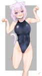  1girl :d animal_ears ass_visible_through_thighs c@rbon cat_ears competition_swimsuit grey_background highres hololive looking_at_viewer nekomata_okayu one-piece_swimsuit open_mouth purple_hair short_hair smile solo standing standing_on_one_leg swimsuit two-tone_background virtual_youtuber white_background 