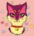  bell bell_collar collar felid female fur headshot_portrait hi_res liepard looking_at_viewer mammal nintendo origam1noxy outline pok&eacute;mon pok&eacute;mon_(species) portrait red_felyne shiny_pok&eacute;mon simple_background smile smiling_at_viewer solo star video_games 