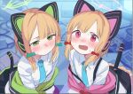  2girls blonde_hair blue_archive blue_neckwear blush bow cat_ear_headphones green_bow green_eyes hair_bow headphones long_sleeves looking_at_viewer midori_(blue_archive) momoi_(blue_archive) multiple_girls necktie open_mouth red_bow red_eyes shamonabe shirt short_hair short_twintails siblings sisters tail twins twintails white_shirt 