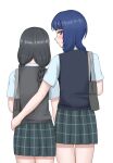  2girls asaka_karin bangs black_hair blue_eyes blue_hair blue_shirt blush braid collared_shirt dress_shirt from_behind highres hrud214 long_hair looking_at_viewer looking_back love_live! love_live!_nijigasaki_high_school_idol_club low_twintails medium_hair multiple_girls nakagawa_nana nijigasaki_academy_uniform plaid plaid_skirt pleated_skirt school_uniform shirt short_sleeves skirt summer_uniform sweater_vest swept_bangs twin_braids twintails white_shirt white_skirt yuri 