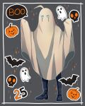  1boy ahoge android animal cat cheer_(cheerkitty14) danganronpa_(series) danganronpa_v3:_killing_harmony english_commentary ghost ghost_costume grey_background grey_eyes halloween hands_up highres jack-o&#039;-lantern keebo looking_at_viewer no_humans pumpkin sparkle speech_bubble 
