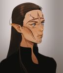  1girl blue_eyes brown_hair character_request cheetahman_(1ddghfr78cswc) dragon_age elf facial_tattoo grey_background hair_pulled_back long_hair looking_to_the_side pointy_ears scar scar_on_face shirt simple_background solo tattoo upper_body 