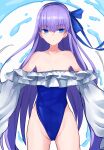  1girl absurdres bangs bare_shoulders blue_eyes blue_ribbon breasts choker collarbone fate/grand_order fate_(series) frills hair_ribbon highleg highleg_swimsuit highres long_hair long_sleeves looking_at_viewer meltryllis_(fate) meltryllis_(swimsuit_lancer)_(fate) off-shoulder_swimsuit off_shoulder one-piece_swimsuit puffy_sleeves purple_hair ribbon sleeves_past_fingers sleeves_past_wrists small_breasts swimsuit thighs very_long_hair yozakura0727ta 