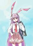  1girl animal_ears bangs blouse bunny_ears buttons carrot carrot_necklace collared_blouse highres jacket jacket_removed komaku_juushoku light_purple_hair long_hair long_sleeves necktie pink_skirt pleated_skirt purple_hair rabbit_girl red_eyes red_neckwear reisen_udongein_inaba skirt touhou very_long_hair white_blouse 