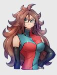  1girl android_21 blue_eyes breasts checkered checkered_dress closed_mouth dragon_ball dragon_ball_fighterz dress earrings glasses grey_background hair_between_eyes hand_on_hip hoop_earrings jewelry kemachiku long_hair medium_breasts red_hair simple_background smile solo upper_body 
