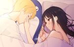  1boy 1girl bangs bare_shoulders bed_sheet black_hair blonde_hair blush closed_eyes closed_mouth commentary_request from_side hetero highres indoors juugonichi_(wheeliex2) kaguya-sama_wa_kokurasetai_~tensai-tachi_no_renai_zunousen~ long_hair looking_at_another lying on_side pillow profile red_eyes ribbon saliva shinomiya_kaguya shirogane_miyuki shirt short_hair signature sleeping smile teeth under_covers upper_body 