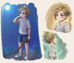  1boy absurdres blonde_hair blue_eyes blue_shorts blush bruise cloud_strife final_fantasy final_fantasy_vii final_fantasy_vii_remake full_moon grass highres holding holding_sword holding_weapon injury male_child male_focus michelle_kristolia moon multiple_views night night_sky shirt shoes shorts signature sky solo spiked_hair standing star_(sky) starry_sky sword weapon white_footwear white_shirt wooden_sword 