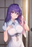  1girl bangs black_ribbon breasts dress eyebrows_visible_through_hair fate/stay_night fate_(series) hair_between_eyes highres large_breasts looking_at_viewer matou_sakura purple_eyes purple_hair ribbon short_sleeves solo towel wet wet_hair white_dress yoruri 