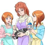  3girls blue_eyes breasts clone closed_mouth cooking elpeo_puru glasses gundam gundam_unicorn gundam_zz kei-co long_hair looking_at_viewer marida_cruz multiple_girls open_mouth orange_hair purple_eyes puru_two short_hair simple_background smile sweater white_background 