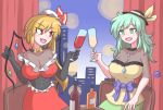  2girls alcohol alternate_costume black_corset black_sleeves bottle bow breasts chair champagne cityscape cleavage corset crystal curtains dress eyeball fang flandre_scarlet frilled_dress frills green_eyes green_hair green_skirt hat hat_bow hat_ribbon heart heart_of_string highres indoors jewelry komeiji_koishi large_breasts liquor medium_hair mini_hat mob_cap multiple_girls night older purple_sash red_dress red_skirt red_wine ribbon sash see-through shirt side_ponytail skirt table temu third_eye touhou wavy_hair window wine wings yellow_bow yellow_neckwear yellow_shirt 