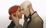  1boy 1girl bald cheetahman_(1ddghfr78cswc) dragon_age dragon_age:_inquisition elf eye_contact facial_tattoo freckles from_side green_eyes hair_bun hand_on_another&#039;s_face hetero imminent_kiss inquisitor_(dragon_age) looking_at_another parted_lips pointy_ears red_hair shirt solas tattoo white_background 