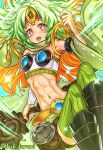  1girl abs armor armored_boots armpits bangs bare_shoulders blue_background boots breastplate commentary daigusto_sphreez detached_sleeves duel_monster flat_chest fuji_tarawi gradient_hair green_hair green_legwear green_scarf green_skirt green_sleeves green_tubetop groin headband highres holding holding_staff long_hair looking_at_viewer lower_teeth midriff miniskirt multicolored_hair navel open_mouth orange_hair parted_bangs pouch red_eyes red_headband ribbed_legwear scarf sidelocks single_arm_warmer single_detached_sleeve skirt solo sparkle staff strapless symbol-shaped_pupils thighhighs tubetop twitter_username very_long_hair yu-gi-oh! zettai_ryouiki 