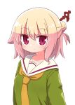  1girl bangs blonde_hair blush closed_mouth commentary_request eyebrows_visible_through_hair green_shirt hair_between_eyes hair_bun hair_ornament highres kemomimi-chan_(naga_u) long_hair looking_at_viewer naga_u no_animal_ears orange_neckwear original purple_eyes sailor_collar school_uniform serafuku shirt simple_background solo upper_body white_background white_sailor_collar 