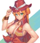  1girl back_arrow bangs bare_arms bare_shoulders blush breasts cleavage closed_mouth cowboy_hat elsha_lean fringe_trim green_eyes hair_between_eyes hand_on_headwear hand_up hat highres large_breasts long_hair looking_at_viewer orange_hair ranma_(kamenrideroz) red_headwear red_vest solo star_(symbol) two-tone_background upper_body vest wrist_cuffs 