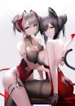 2girls an_yasuri animal_ears antennae arknights ass_cutout back banned_artist bare_arms bare_shoulders black_hair breast_press breasts brown_legwear cat_ears cat_girl cat_tail cleavage cleavage_cutout clothing_cutout cowboy_shot dress garter_straps gloves grey_gloves grey_hair groin hair_bun highres horns large_breasts leotard long_hair looking_back multiple_girls pantyhose pelvic_curtain red_dress red_leotard schwarz_(arknights) skindentation strapless strapless_dress symmetrical_docking tail thighband_pantyhose thighs tied_hair w_(arknights) 