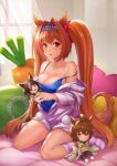  1girl agnes_tachyon_(umamusume) bangs bare_shoulders blush breasts brown_hair camisole carrot_pillow character_doll cleavage collarbone commentary curtains daiwa_scarlet_(umamusume) doll eyebrows_visible_through_hair full_body hair_between_eyes hair_intakes holding holding_doll indoors kneehighs large_breasts long_hair long_sleeves looking_at_viewer no_shoes off_shoulder on_bed partially_unzipped pillow red_eyes short_shorts shorts sitting solo striped striped_jacket striped_legwear striped_shorts tiara umamusume very_long_hair vococo vodka_(umamusume) wariza 
