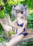  1girl absurdres artist_request blue_swimsuit breasts casual_one-piece_swimsuit coconut combat_knife cowboy_shot eyepatch hammock highres holding holding_knife infinite_stratos knife laura_bodewig long_hair looking_at_viewer nature navel official_art one-piece_swimsuit red_eyes silver_hair sitting small_breasts solo sparkle strapless strapless_swimsuit swimsuit third-party_source twintails weapon 