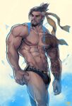  1boy abs alejandro_tio arm_tattoo bara beard black_hair black_male_underwear briefs bulge facial_hair feet_out_of_frame hanzo_(overwatch) highres large_pectorals male_focus male_underwear mature_male muscular muscular_male navel navel_hair nipples overwatch pectorals short_hair sideburns solo standing stomach stubble tattoo underwear underwear_only 