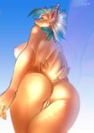  2021 absurd_res activision anthro anus bandicoot beauty_mark big_breasts blonde_hair blue_background blue_eyes blue_hair breasts brown_body brown_fur brown_lips brown_nose butt crash_bandicoot_(series) digital_media_(artwork) ear_piercing ear_ring female fur genitals hair hi_res lips mammal marsupial mohawk multicolored_hair nude piercing pirate_tawna portrait pussy qrichy rear_view scarf signature simple_background solo tawna_bandicoot three-quarter_portrait two_tone_hair video_games 