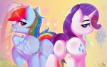  2021 blue_eyes butt clitoris cutie_mark digital_media_(artwork) dinoalpaka duo equid equine eyebrows female feral friendship_is_magic genitals grin hasbro hi_res horn looking_at_viewer looking_back mammal multicolored_tail my_little_pony pegasus pussy rainbow_dash_(mlp) rainbow_tail rarity_(mlp) rear_view smile unicorn wings 