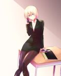  1girl absurdres adjusting_eyewear alternate_costume android blue_eyes desk expressionless glasses hair_between_eyes highres ishiyumi knees_together_feet_apart mechanical_buddy_universe mechanical_hands mechanical_legs momdroid_(mechanical_buddy_universe) platinum_blonde_hair school_desk science_fiction short_hair solo teacher 