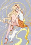  1girl aino_minako bishoujo_senshi_sailor_moon blonde_hair blue_eyes eyeshadow full_body heart high_heels highres invisible_chair knee_up long_hair looking_at_viewer makeup orange_footwear orange_sailor_collar orange_skirt oskar_vega pleated_skirt ponytail sailor_collar sailor_venus shirt short_sleeves sitting skirt solo very_long_hair white_shirt 