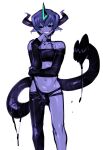  2021 absurd_res black_clothing black_sclera black_tail bulge clothing demon demon_humanoid docu_(doppel) doppel ear_piercing ear_ring girly green_eyes hair hi_res horn horned_humanoid humanoid humanoid_pointy_ears long_sleeves long_tail male midriff navel piercing purple_body purple_hair purple_skin simple_background smile solo tail_maw tail_mouth white_background 