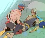  2boys astraea_f barefoot black_hair blush dark_skin dark_skinned_male greek_clothes hades_(game) kneeling laurel_crown leggings leggings_pull looking_at_another lying male_focus multiple_boys on_back on_bed pillow silver_hair single_bare_shoulder smile thanatos_(hades) undressing_another yaoi yellow_eyes zagreus_(hades) 
