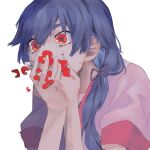  1girl blue_hair coquelicot flower hair_between_eyes hair_ornament hair_ribbon hairclip hanamonogatari hand_on_own_face hand_to_own_mouth je8 kanbaru_suruga looking_at_viewer monogatari_(series) naoetsu_high_school_uniform puffy_short_sleeves puffy_sleeves purple_ribbon red_eyes red_flower ribbon school_uniform short_sleeves twintails 