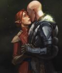  1boy 1girl armor artist_name bald cheetahman_(1ddghfr78cswc) couple dragon_age dragon_age:_inquisition elf facing_another freckles gloves glowing green_eyes hair_bun hetero highres holding_hands inquisitor_(dragon_age) pauldrons pointy_ears red_hair sash shirt shoulder_armor simple_background smile solas 