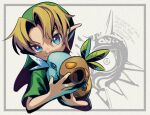  1boy blonde_hair blue_eyes commentary_request cropped_torso english_text green_headwear green_shirt grey_background holding holding_mask link male_focus mask pointy_ears shirt the_legend_of_zelda the_legend_of_zelda:_majora&#039;s_mask ukata young_link 