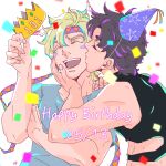  2boys artist_name bare_arms battle_tendency birthday blonde_hair blue_shirt blurry blurry_background blurry_foreground brown_hair caesar_anthonio_zeppeli cheek_kiss closed_eyes clothing_cutout commentary_request confetti crown crown_removed dated facial_mark feathers hair_feathers happy_birthday hat headband headwear_removed highres holding_crown jojo_no_kimyou_na_bouken joseph_joestar_(young) kiss laughing male_focus multiple_boys open_mouth party_hat shirt short_hair short_sleeves signature sleeveless smile symbol_commentary t-shirt triangle_print upper_body yaoi zino 