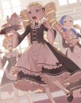  3girls apron bangs beatrice_(re:zero) blonde_hair blue_eyes blue_hair commentary_request cup dress drill_hair eating eyelashes food food_on_face frills from_below green_eyes highres holding long_hair long_sleeves maid maid_headdress meili_portroute multiple_girls open_mouth orange_hair pantyhose parupin petra_leyte re:zero_kara_hajimeru_isekai_seikatsu roswaal_mansion_maid_uniform shoes sweatdrop teacup teapot tongue tray twin_drills upper_teeth v-shaped_eyebrows waist_apron white_legwear 