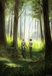  1boy 1girl arm_behind_back artist_name bald boots cheetahman_(1ddghfr78cswc) couple dragon_age dragon_age:_inquisition elf forest from_behind grass hair_bun hetero highres holding_hands nature outdoors pants pointy_ears red_hair shirt tree walking 