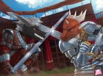  anthro armor dragon duel duo horn male medieval melee_weapon sparkittyart sparks sword weapon 