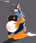  absurd_res anthro areola belly big_belly big_breasts breasts canid canine female hi_res holding_belly looking_at_viewer mammal nipples nude pregnant the_dogsmith 